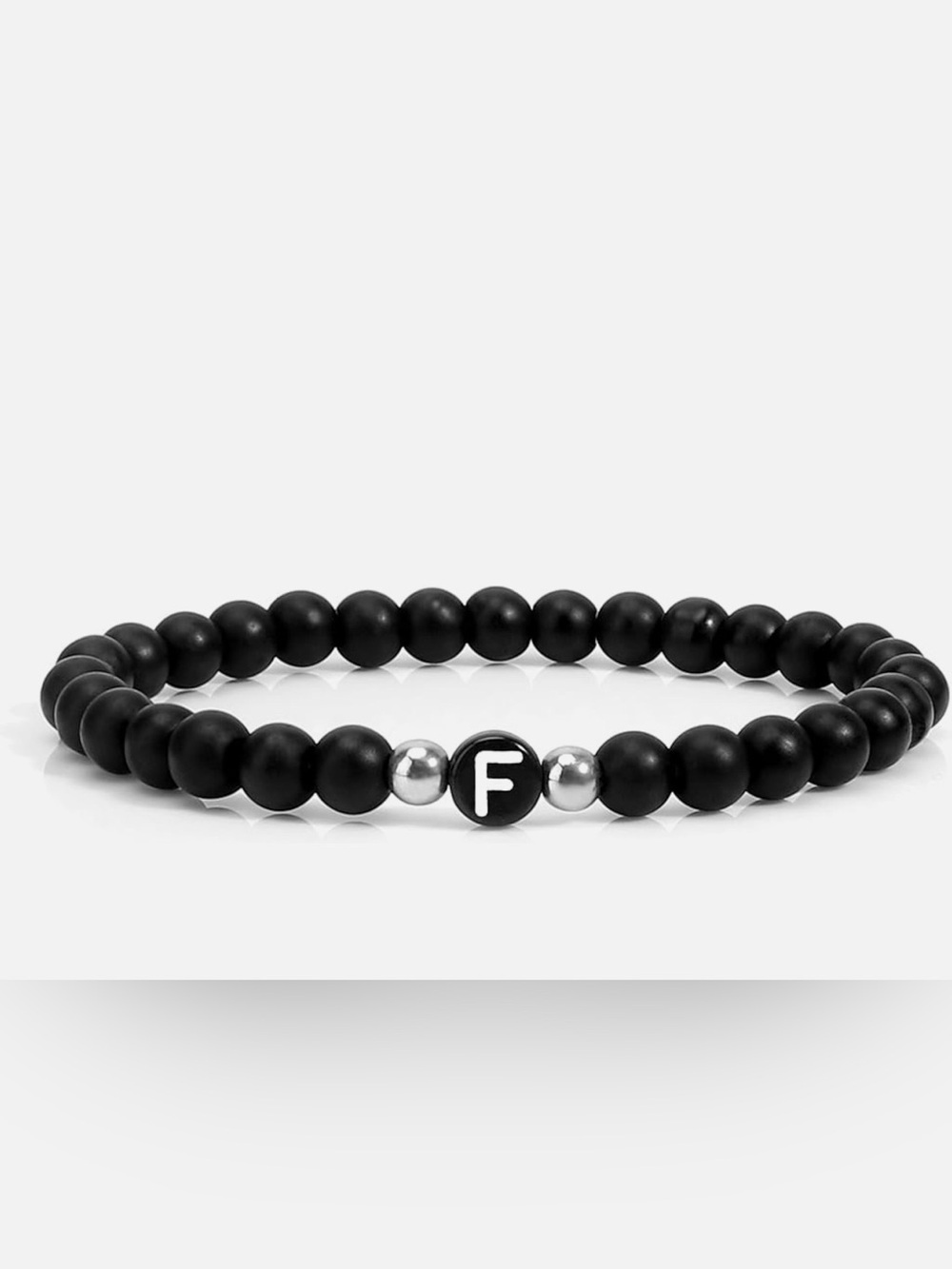 Black Beaded Stretch Bracelet Letter F, Stainless Steel Beads 7.8-12 in.